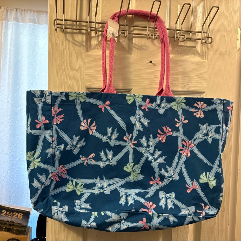 New Simply Southern Blue and pink Floral Tote with Pink Handles